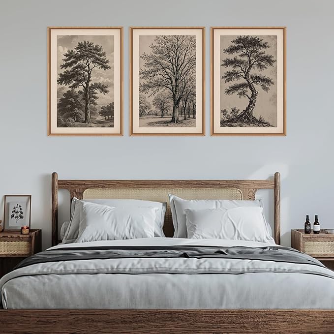 HPINUB Vintage Sketch Tree Framed Canvas Wall Art Set,Modern Nature Botanical Wall Decor, Antique Wilderness Tree Artwork,Minimalist Neutral Art Prints for Living Room,Bedroom,Farmhouse-24 x36 x3-Ruum Studio Home