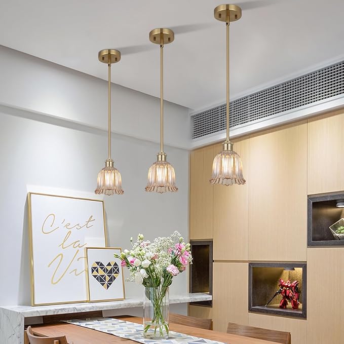 Modern Gold Pendant Light 3 Pack Brushed Brass Mid Century Chandelier Amber Glass Shades Adjustable Rods Farmhouse Ceiling Hanging Lighting Fixture Kitchen Island Dining Room Bedroom-Ruum Studio Home
