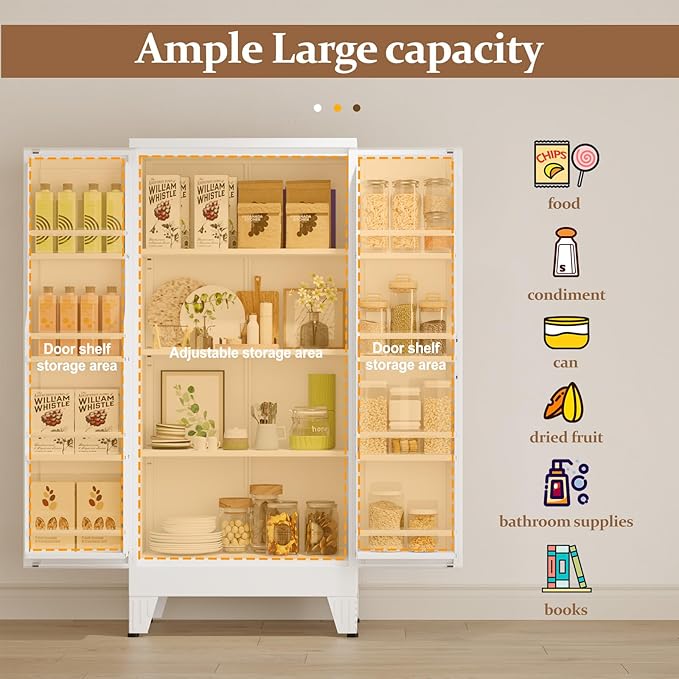 51" Metal Kitchen Pantry Cabinet, Storage Cabinets with 2 Door and 3 Adjustable Shelves, White Freestanding Food Storage Cabinet, Steel Cupboard for Kitchen Dinning Room-Ruum Studio Home