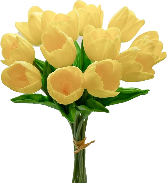 Mandy's Artificial Tulips 12 Stems Yellow Partially Open PU Faux Flowers for Wedding Home Decor 13.5 Inch-Ruum Studio Home