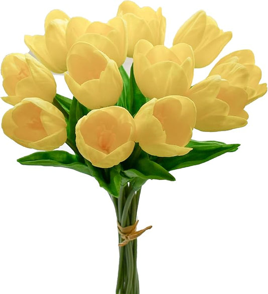 Mandy's Artificial Tulips 12 Stems Yellow Partially Open PU Faux Flowers for Wedding Home Decor 13.5 Inch-Ruum Studio Home