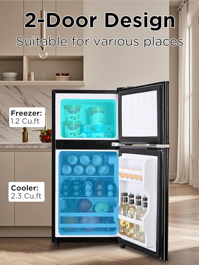 3.5 Cu.Ft Compact Refrigerator with Freezer, Mini Fridge with 2 Doors for Office, Kitchen, Dorm and Bedroom, Small Fridge with 7 Level Temp Adjustable Thermostat, Black-Ruum Studio Home