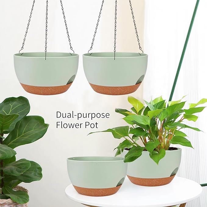 2 Pack Hanging Planters for Indoor Outdoor Plants, 12 Inch Self Watering Hanging Pot with Drainage Holes and Saucer, Plastic Plant Pots, Green Brown Flower Pots for Kitchen, Balcony, Garden-Ruum Studio Home