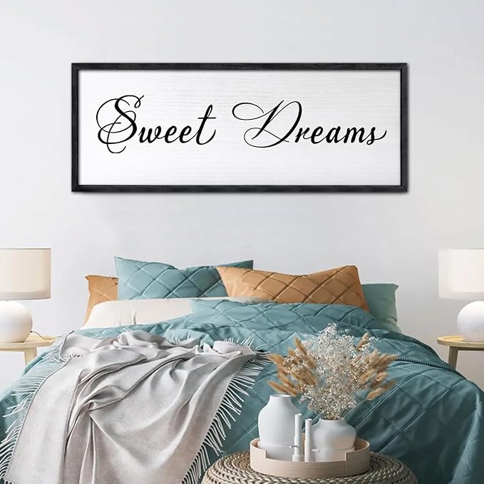 Sweet Dreams Wall Decor Above Bed 40x15 Inch Large Master Bedroom Hanging Wood Rustic Framed Farmhouse Sweet Dreams Sign Guest Room Aesthetic And Minimalist Over Bed Wall Art（Black）-Ruum Studio Home
