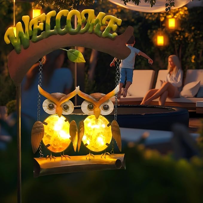 HONGLAND Solar Lights Outdoor Decor, Owl Swing Garden Decor, Owl Gifts for Women Mom, Whimsical Garden Lights Outdoor Decorations with Welcome Sign for Outside Patio Yard Lawn Decor-Ruum Studio Home