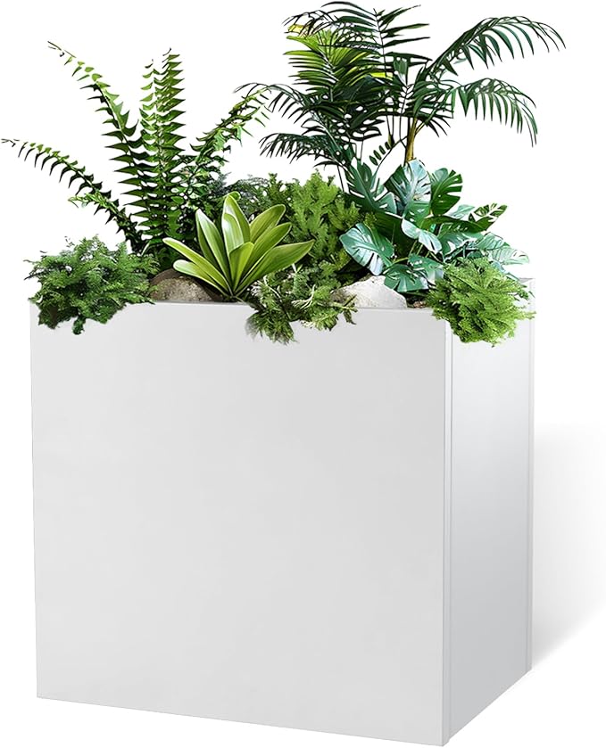 Galvanized Steel Metallic Heavy Planter for Outdoor Plants Metal Outdoor Planter Spliced Flower Box with Partitions for Outside,Indoor,Garden (White, 30 * 12 * 24)-Ruum Studio Home