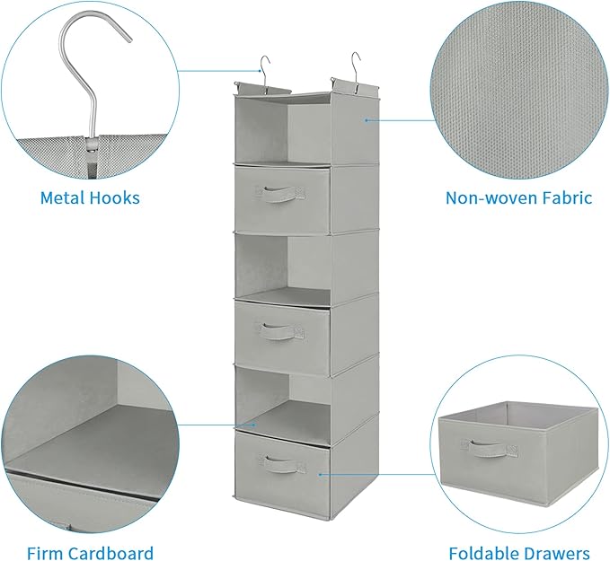 MAX Houser 6 Tier Shelf Hanging Closet Organizer, Closet Hanging Shelf with 2 Sturdy Hooks for Storage, Foldable (Light Grey-D3)-Ruum Studio Home