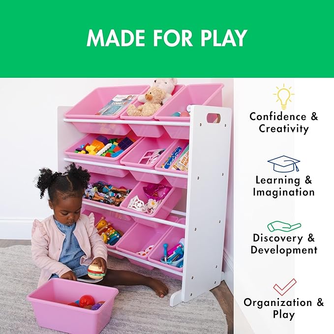 Humble Crew Kids Toy Storage Organizer with 12 Plastic Bins, White/Pink – Removable Bins for Playroom, Bedroom, Toddler Furniture for Boys and Girls Ages-Ruum Studio Home