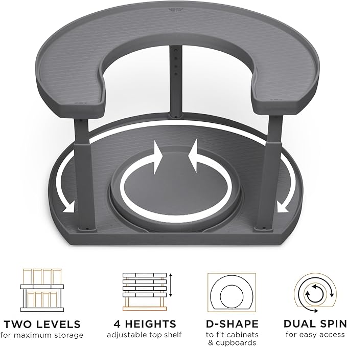 2-Tier Spice Rack Organizer for Cabinet | Rotating Lazy Susan Spice Organizer Holds 40 Spice Jars | Countertop & Pantry Spice Shelf for Kitchen Organization & Storage (Gray)-Ruum Studio Home