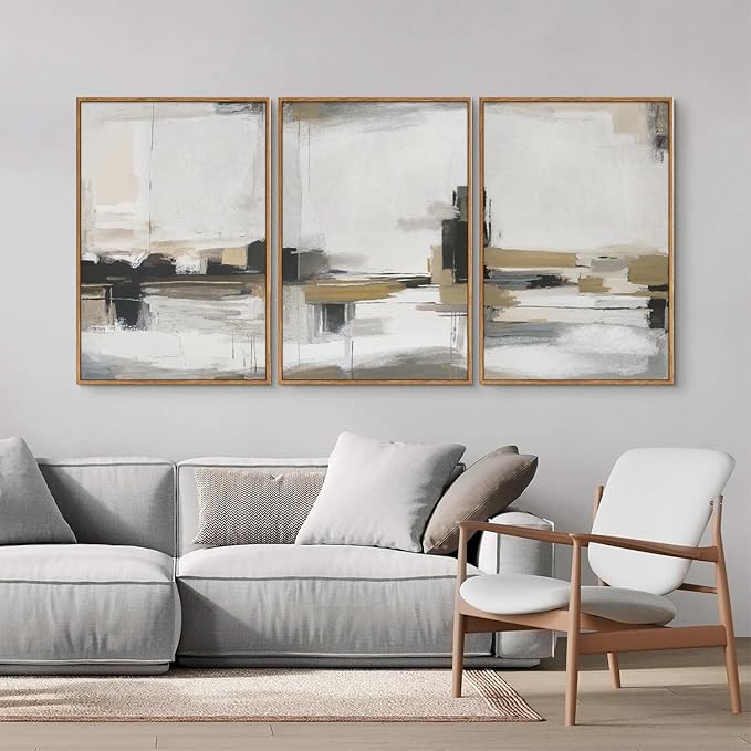 SIGNINART Beige Abstract Framed Canvas Wall Art Set, Black and White Textured Art Prints, Paint Strokes Minimalist Shapes Wall Decor, Neutral Modern Art Paintings for Living Room, Bedroom, Office 16"x24"x3-Ruum Studio Home