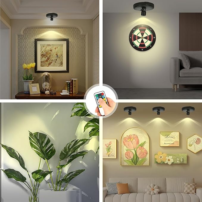 Cordless Spotlight Battery Operated, Indoor Plant Light, LED Display Puck Lights, Dimmable Accent Lighting with Remote, Uplight for Picture Tree Painting Gallery Dartboard Art Photo-Ruum Studio Home
