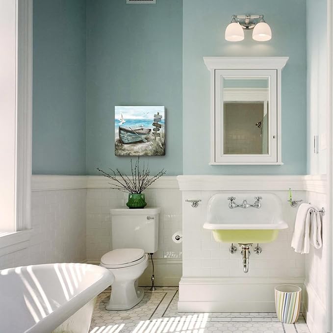 Bathroom Wall Art Coastal Décor Nautical Boat on Beach Canvas Picture Ocean Seagull Seascape Canvas Print Sea Bird Farmhouse Artwork for Seashore Bedroom Living Room Small Square Blue Teal 14x14"-Ruum Studio Home