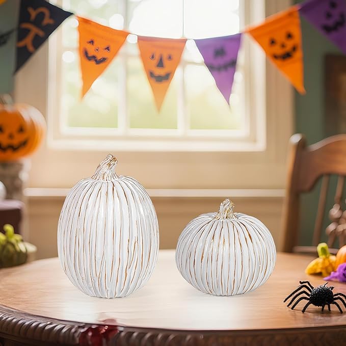 2Pcs Halloween Pumpkin Artificial Resin Pumpkins Decor for Mantel Harvest Autumn Tabletop Decoration Gold Fall Pumpkin Decorations Thanksgiving Table Centerpieces (Set B, ONE Size)-Ruum Studio Home