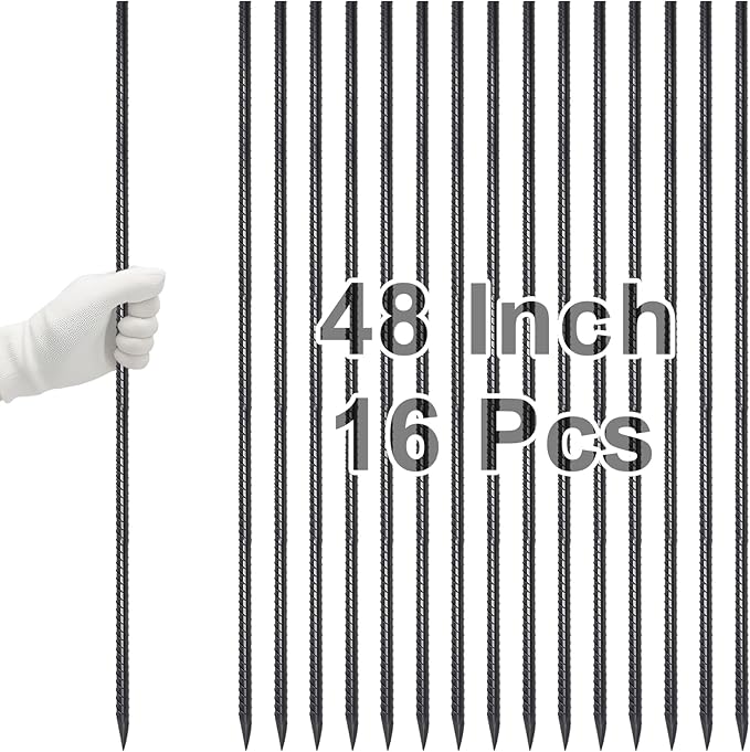 VVOKGO Rebar Stakes 48 Inch 16-Pack Concrete Form Stakes Heavy Duty Straight Ground Anchors, 3/8" Diameter Metal Steel Spikes with Chisel Point End for Plant Support, Garden Border,Landscape Edging-Ruum Studio Home
