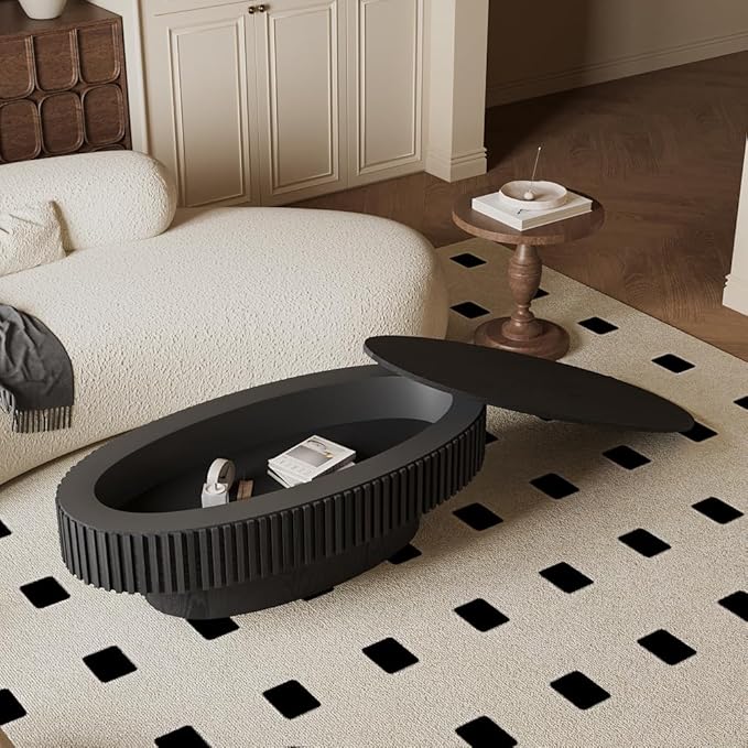 47.2''Oval Coffee Table with Storage, Mid Century Modern Fluted Drum Center Tables with Lid, Solid Wood Side Pedestal Coffee Table Tea Table for Living Room, Bedroom, Apartment-Black-Ruum Studio Home