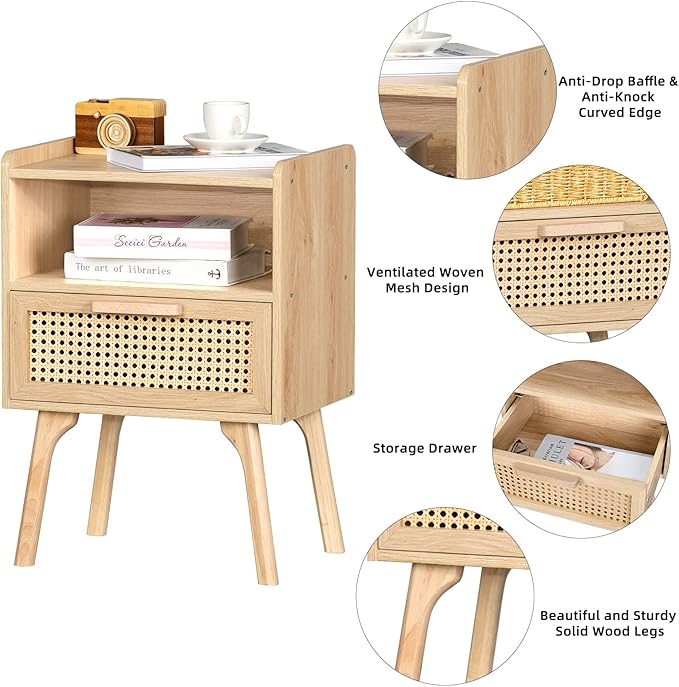 Lerliuo Rattan Nightstand, Boho Side Table with Drawer Open Shelf, Cane Accent Bedside End Table with Solid Wood Legs for Bedroom, Dorm and Small Spaces (Natural)-Ruum Studio Home
