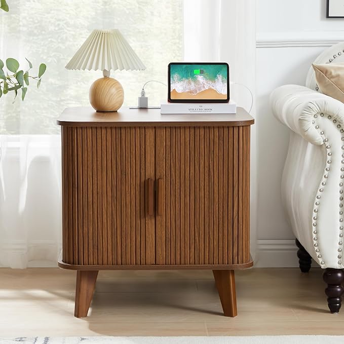 AVZEAR 24" Large Square End Table with Charging Station, Farmhouse Fluted Sofa Side Table with Sliding Tambour Door & Storage, Curved Rustic Wood Nightstand for Living Room, Bedroom, Walnut-Ruum Studio Home