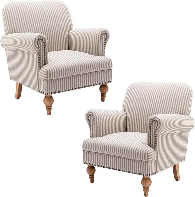 chairus Linen Accent Chair for Living Room Set of 2 Upholstered Mid Century Modern Single Sofa Chair with Solid Wood Legs Comfy Reading Chair Armchair for Bedroom/Office/Recption/Lounge, Khaki Stripe-Ruum Studio Home