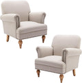chairus Linen Accent Chair for Living Room Set of 2 Upholstered Mid Century Modern Single Sofa Chair with Solid Wood Legs Comfy Reading Chair Armchair for Bedroom/Office/Recption/Lounge, Khaki Stripe-Ruum Studio Home