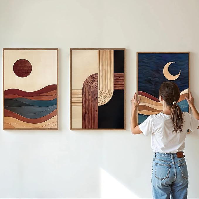 SIGNINART Boho Mid Century Modern Framed Canvas Wall Art, Bohemian Geometric Wall Decor, Abstract Sun and Moon Artwork,Beige and Black Wooden Art Paintings for Living Room Bedroom Office 16"x24"x3-Ruum Studio Home