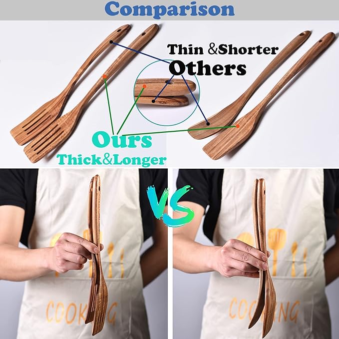Gudamaye 13 inch Long Wooden Utensils for Cooking, Long Handle Wooden Spoons for Cooking, 7 PCES Crafting Wooden Spoon Set, Wooden Kitchen Utensil set, Natural Teak Wooden utensil Set-Ruum Studio Home
