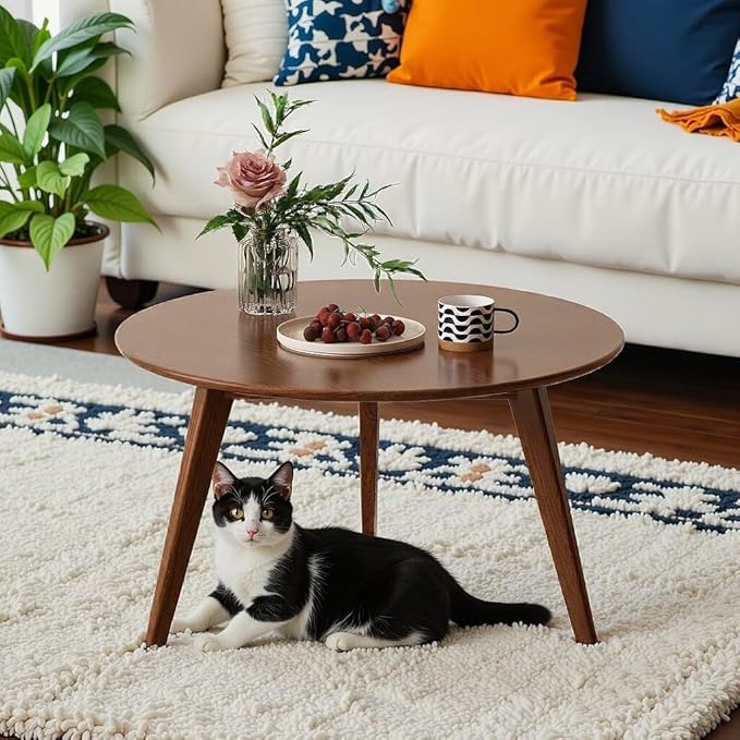 100% Solid Oak Wood Mini Coffee Table, Round Side Table w/Solid Wood Legs, Walnut Mid Century Coffee Table w/Sturdy Frame for Bedroom Balcony Living Room (29.53" D x 17.72" H)-Ruum Studio Home