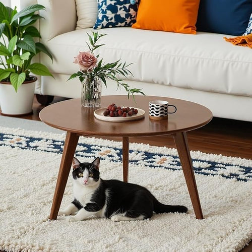 100% Solid Oak Wood Mini Coffee Table, Round Side Table w/Solid Wood Legs, Walnut Mid Century Coffee Table w/Sturdy Frame for Bedroom Balcony Living Room (29.53" D x 17.72" H)-Ruum Studio Home