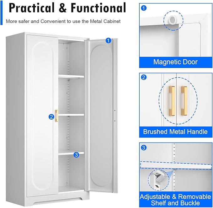 60" Tall Kitchen Pantry Cabinet, Metal Pantry Cabinet with Doors and Adjustable Shelves, White Utility Storage Cabinet with Handles for Dining Room, Bathroom, Laundry Room - Assemble Required-Ruum Studio Home