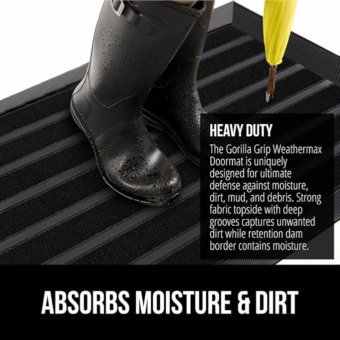GORILLA GRIP 100% Waterproof All-Season WeatherMax Doormat US Designed Natural Rubber, Stain and Fade Resistant, Low Profile Indoor Outdoor Door Mats, Easy Clean Patio Mat, 17x29, Black Stripe-Ruum Studio Home