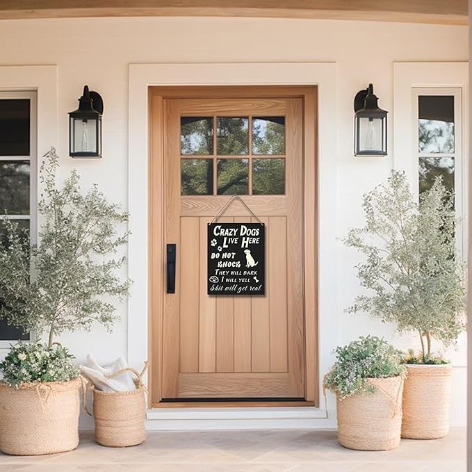 Do Not Knock or Ring Doorbell Sign for Front Door, Funny Dog Owner Warning Crazy Dogs Live Here Do Not Knock They Will Bark I Will Yell Wooden Signs, No Disturb Door Decor for Pet Lovers 10x8 Inch-Ruum Studio Home