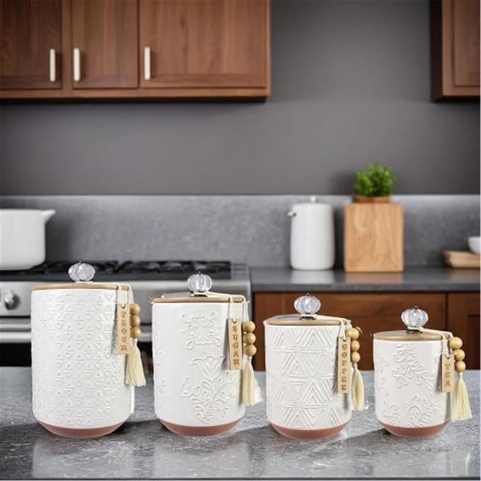 Youngs 21207 Ceramic Canister with Wood Lid and Silicon Seal, Crystal Knob and Blessing Bead Tassel Accent, 4-piece Set-Ruum Studio Home
