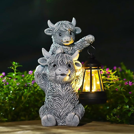 Goodeco 9.5 Inch Highland Cow with Solar Lantern – Resin Garden Decor, Outdoor Statue & Unique Highland Cow Gifts (Gray)-Ruum Studio Home