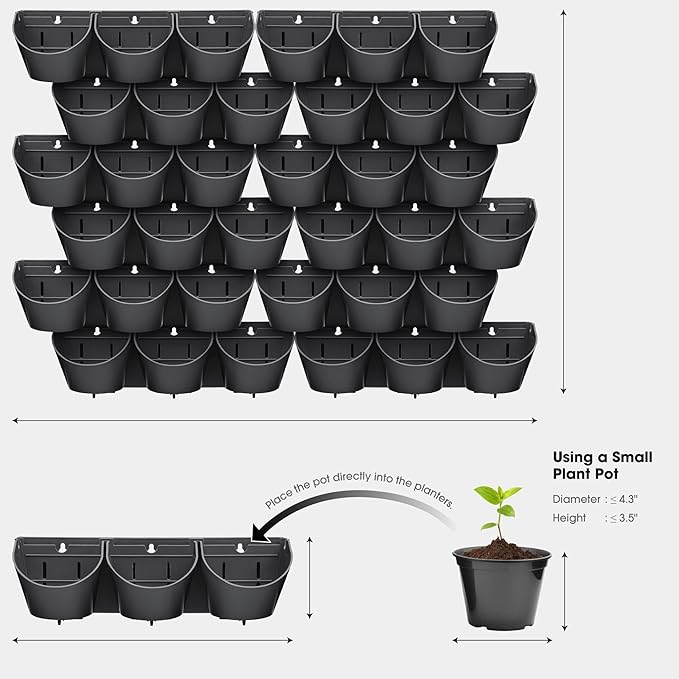 Worth Garden Upgraded 12 Sets (36-Pocket) Self Watering Stackable Vertical Planters - Wall Mounted Plastic Plant Grow Pots fr Strawberries Flowers Herbs - Indoor Outdoor Green Wall Decoration (Black)-Ruum Studio Home