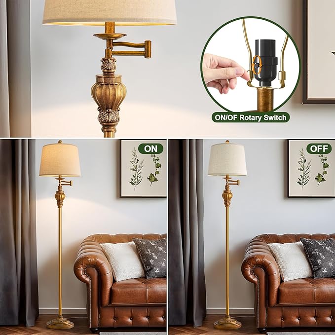 61" Vintage Floor Lamp with 350° Adjustable Swing Arm, Gold Standing Lamp for Bedroom Living Room Nightstand Bedside Retro Farmhouse Mid Century Lamp Light Home Décor Office Gifts-Ruum Studio Home