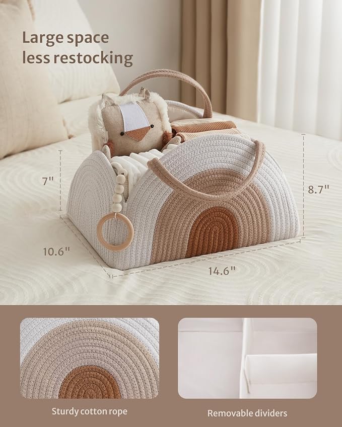 Blissful Diary Baby Diaper Caddy Organizer, Cotton Rope Diaper Caddy Basket, Large Storage Basket for Newborn Boys and Girls, Gift for Baby Shower List, Newborn Essentials, Earthy Rainbow-Ruum Studio Home