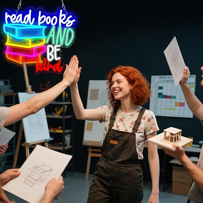 LED Read Books Be Kind Neon Signs Classroom Neon Lights Wall Decor for Reading Room, Classroom, Bookstore, Library, Museum, Study Room Gifts Art for Book Lover, Kids,Friends,family-13.4 x 12.6 IN-USB Powered-Acrylic-Ruum Studio Home
