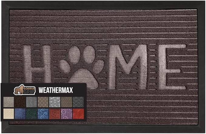 GORILLA GRIP 100% Waterproof All-Season WeatherMax Doormat, 47x35, US Designed Natural Rubber, Stain and Fade Resistant, Low Profile Indoor Outdoor Door Mats, Easy Clean Patio Mat, Espresso Home Paw-Ruum Studio Home