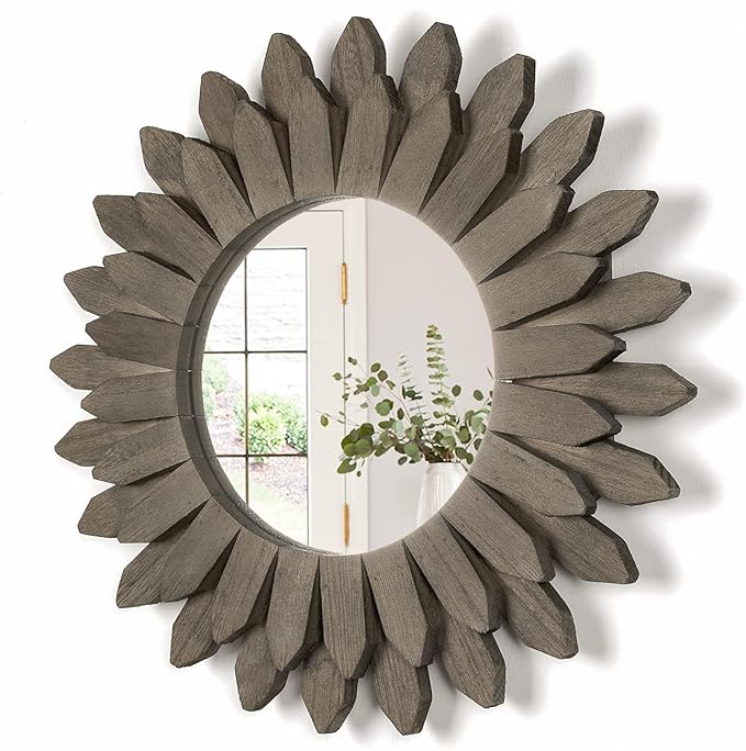 Honiway Farmhouse Wall Decor Mirror 12 inch Sunburst Boho Wood Mirror Rustic Home Decor Room Decoration for Bedroom Living Room Weathered Grey-Ruum Studio Home