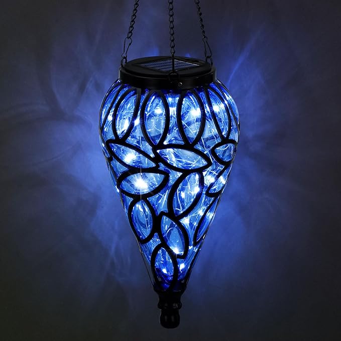 SUNNYPARK Outdoor Plastic Solar Hanging Lantern, 15 Cool White LEDs Twinkle Effect Tear-Shaped Hanging Lantern Decor Garden Decorative Solar Lights for Backyard, Patio and Lawn-Ruum Studio Home