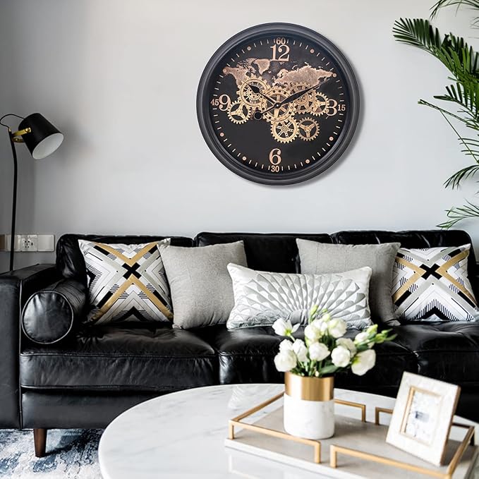 CLXEAST 24 Inch Moving Gear Wall Clock with World Map Pattern,Large Black Gold Metal Wall Clock for Modern Farmhouse Living Room Decor,Reloj De Pared para Sala-Ruum Studio Home