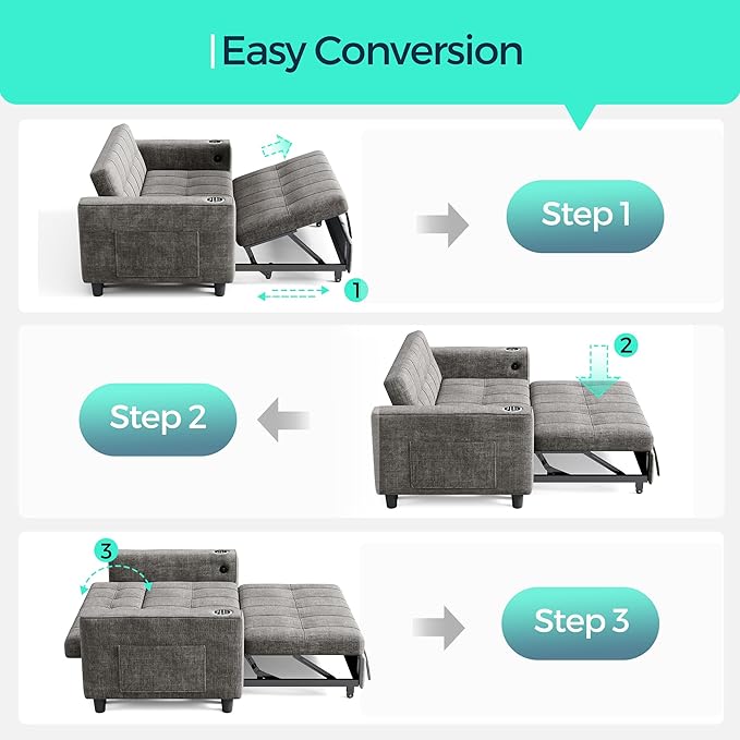 LINSY 3-in-1 Convertible Sofa Bed, 54" Pull Out Sleeper Sofa with Charging Station & Cup Holder, Small Folding Loveseat with Side Pocket for Small Space, Corduroy Couch, Gray-Ruum Studio Home