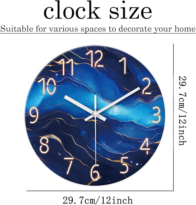 Small Wall Clocks Battery Operated 12 Inch Blue Marble Wall Clock for Kitchen Glass Analog Silent Wall Clock Non Ticking-Ruum Studio Home