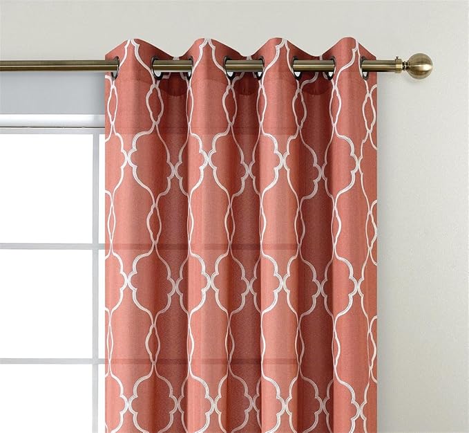 MIUCO Moroccan Embroidered Semi Sheer Curtains Faux Linen Extra Wide Grommet Window Panel Pair for Bedroom 52 x 95 Inch, Rust-Ruum Studio Home