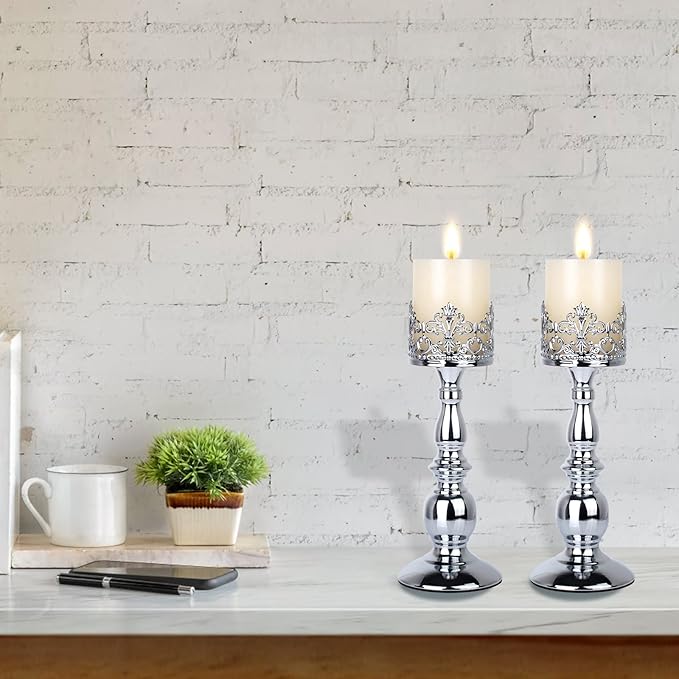 Candle Holders for Pillar Candles Gothic Matte Black Vintage Tall Candle Holders Set of 2 Decorative Large Table Centerpieces Candle Stand Decor (Silver 2PCS A)-Ruum Studio Home