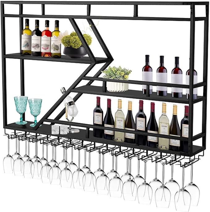 Wall Mounted Wine Rack with Glass Holder, 3-Tier Metal Storage Shelf, Black Diamond Design, Wine Bottle Display with Stemware Storage (Black, 47.24in/Right)-Ruum Studio Home