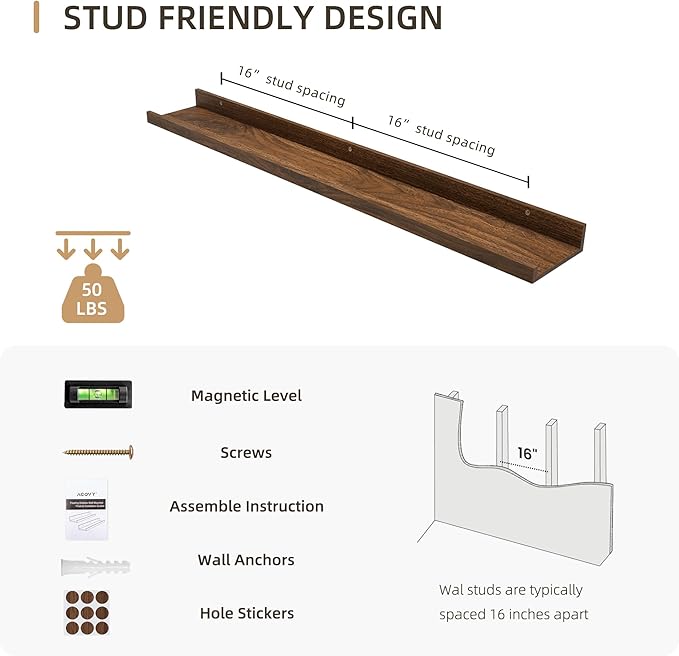 Picture Ledge Shelf, Wood Floating Shelves Set of 2, 36 inch Picture Ledge Shelves, Photo Ledge Nursery Book Shelves Wall Mounted for Living Room Kids' Room Bedroom, Color Walnut-Ruum Studio Home