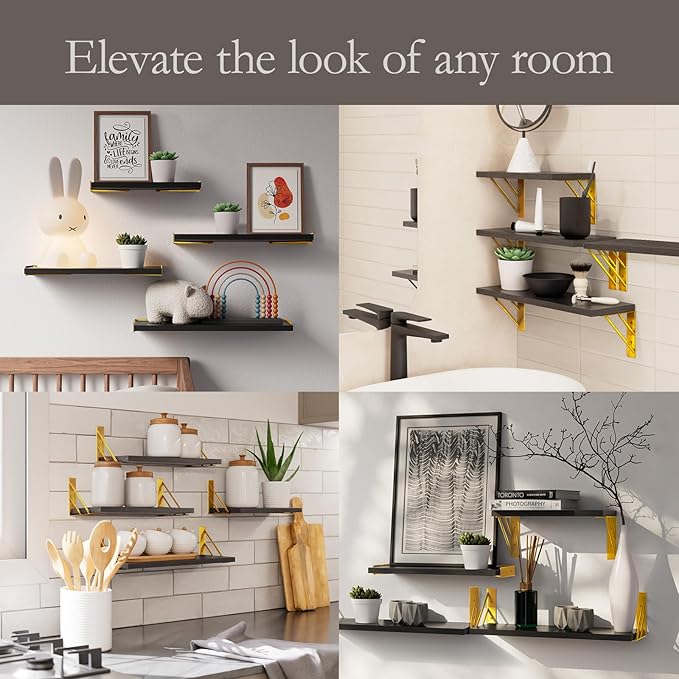 BAYKA Floating Shelves for Bedroom Decor, Wall Shelves for Storage, Wall Mounted Rustic Wood Floating Shelf for Books,Corner Shelf for Bathroom,Kitchen,Living Room(Black and Gold，Set of 4)-Ruum Studio Home