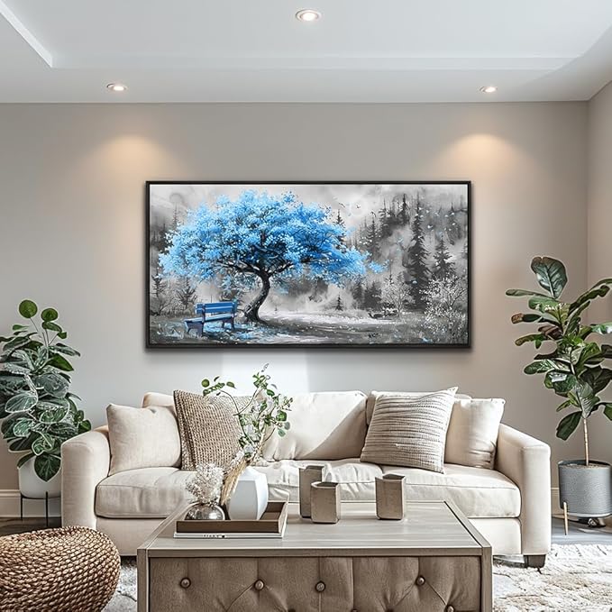 ZUITINGHUA Large Black Framed Wall Decor For Living Room Canvas Wall Art For Office Modern Wall Decorations For Bedroom Blue Tree Landscape Paintings Black And White Pictures Home Decor 24x48 In-Ruum Studio Home