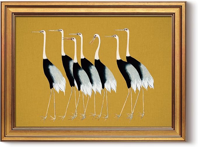 HUARCEY Gold Framed Vintage Wall Art for Living Room, Animals Painting Prints Shelf Decor for Kitchen, Aesthetic Bedroom Wall Art Decor, Christmas Gifts for Friends or Family (Seven Cranes 12"x16")-Ruum Studio Home