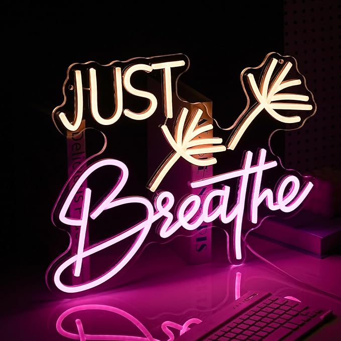 Just Breathe Neon Sign Dimmable Breathe Neon Signs Light Up Sign for Wall Decor LED Letters Neon Light by USB for Bedroom Yoga Studio Gym Reading Room(12.6 * 16.5In)-Ruum Studio Home